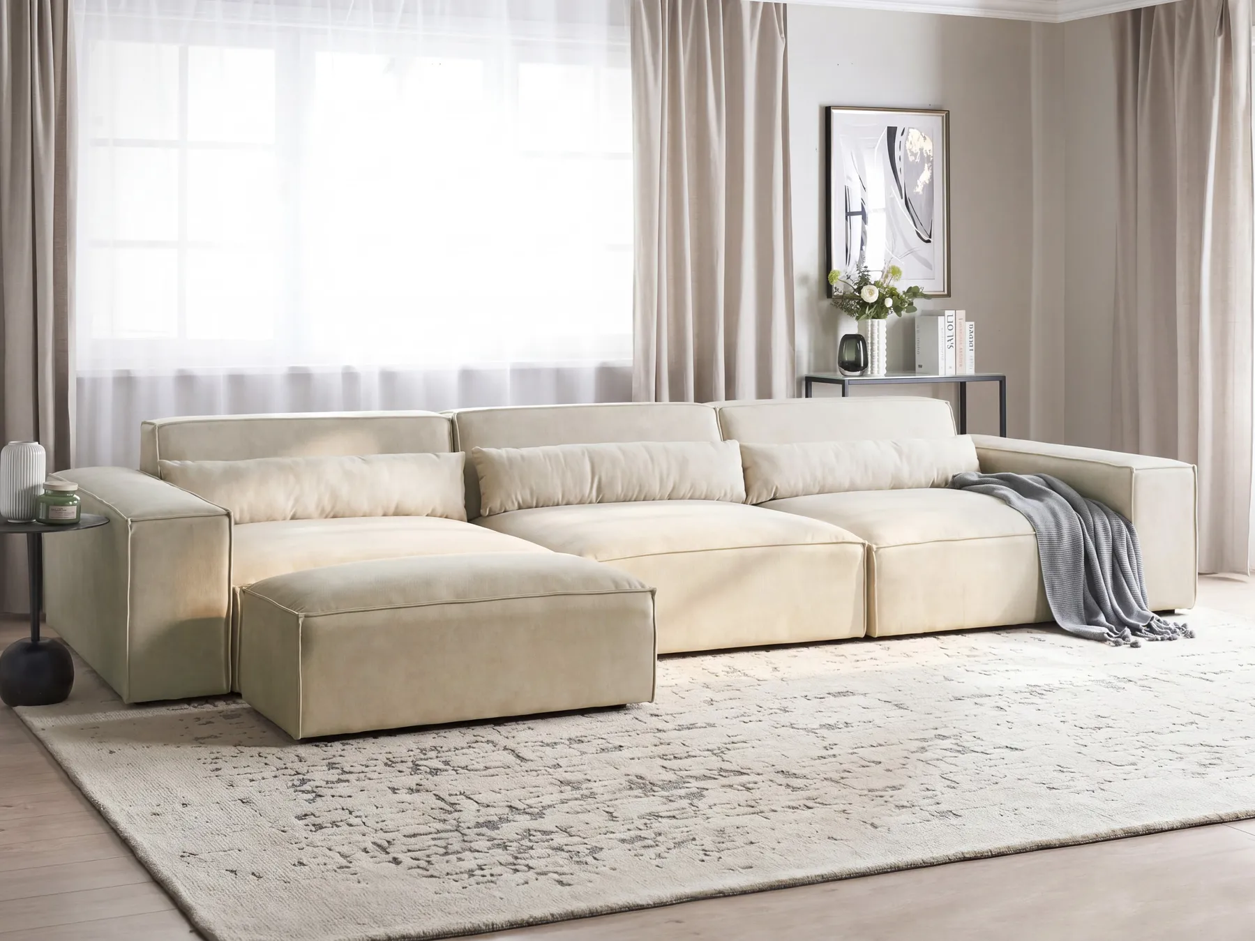 Modular Sofa 3 Seater HELLNAR with Ottoman Velvet Light Beige_911007