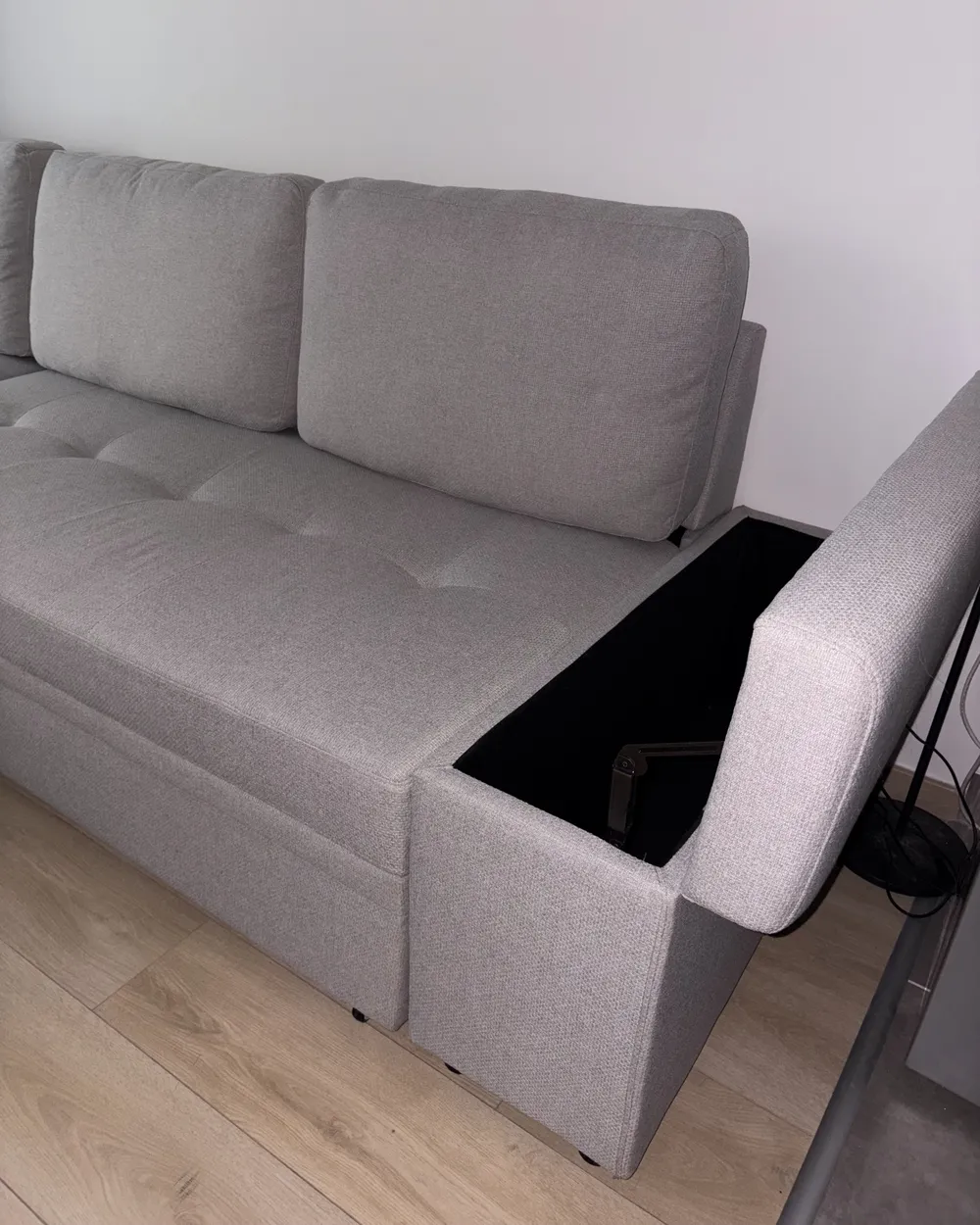 Hörnbäddsoffa 3-sits HRISEY med förvaring Konstlinne Ljusgrå Högervänd_1041562