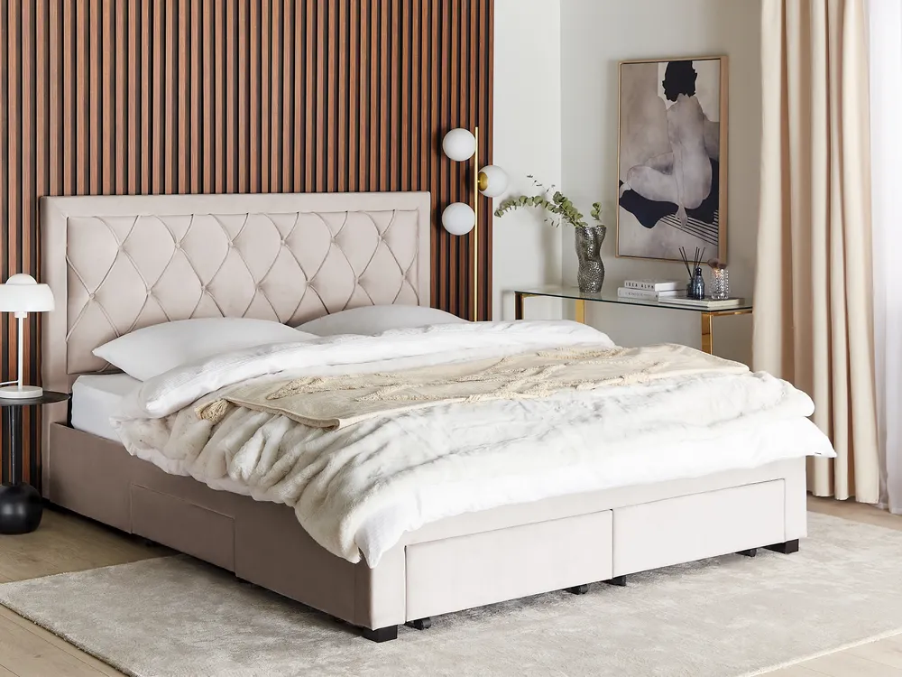 Bed with Storage Drawers LIEVIN Velvet Beige 180 x 200 cm (EU Super King)_858043