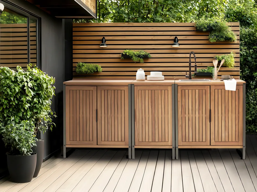 3 Piece Outdoor Kitchen Set with Sink IVREA Brown/ Black Certified Acacia Wood