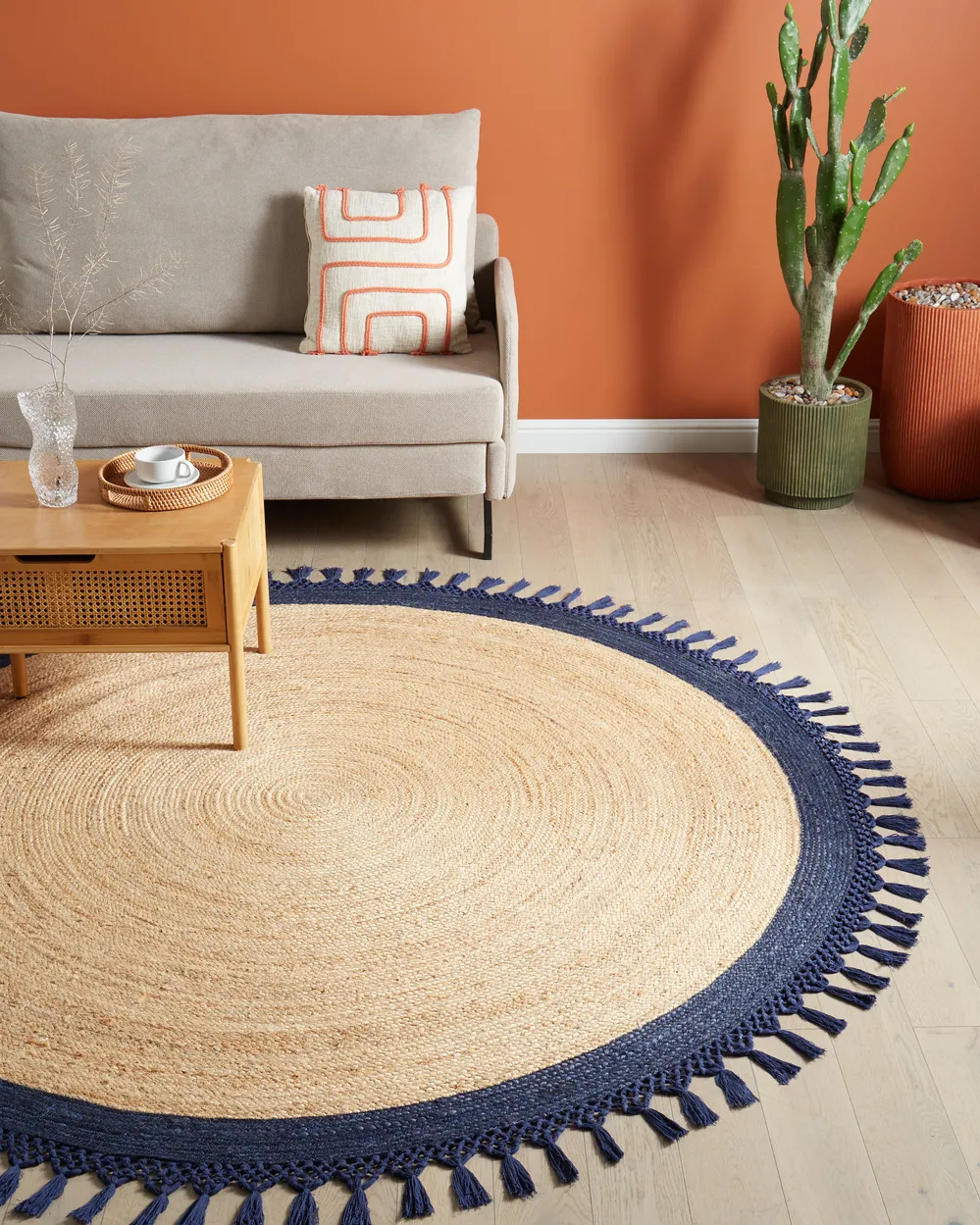 Round Jute Area Rug Beige and Dark Blue MARTS Various Sizes