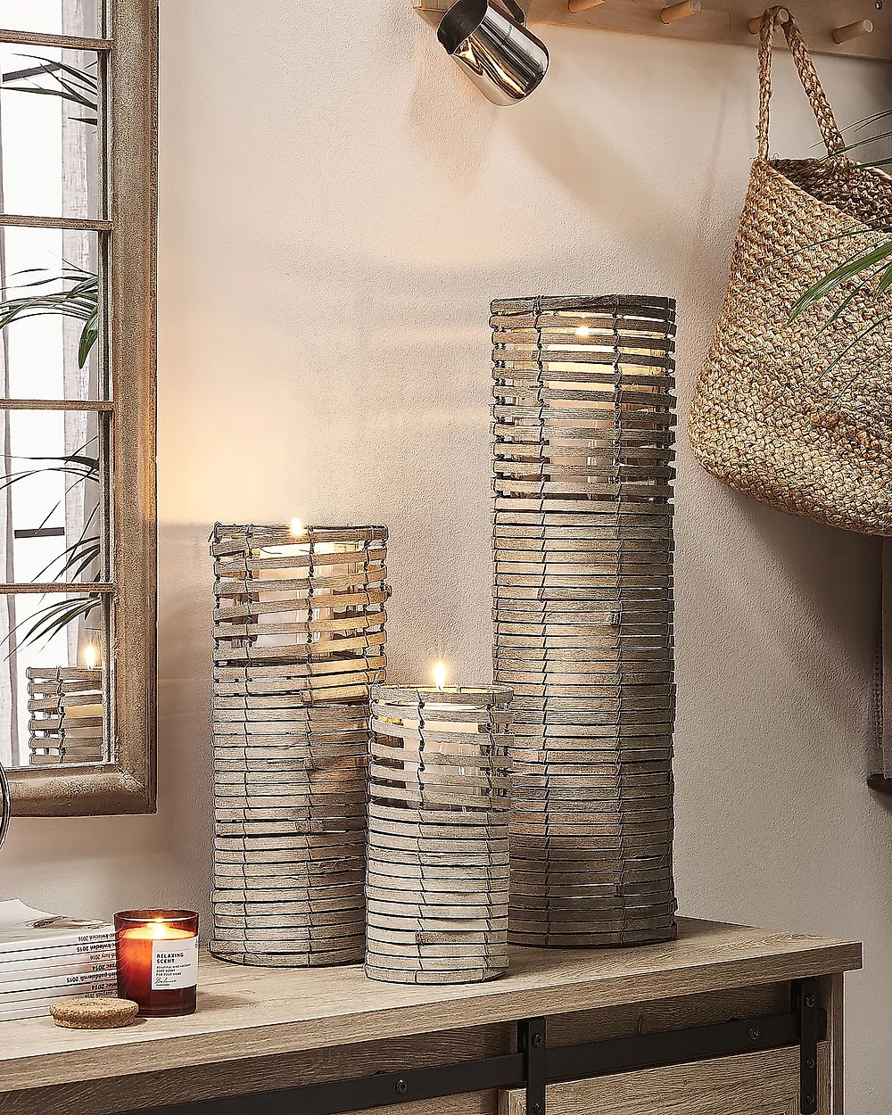 Set med 3 ljusstakar ROVARE 60/39/25 cm Poppelträ Grå_1179448