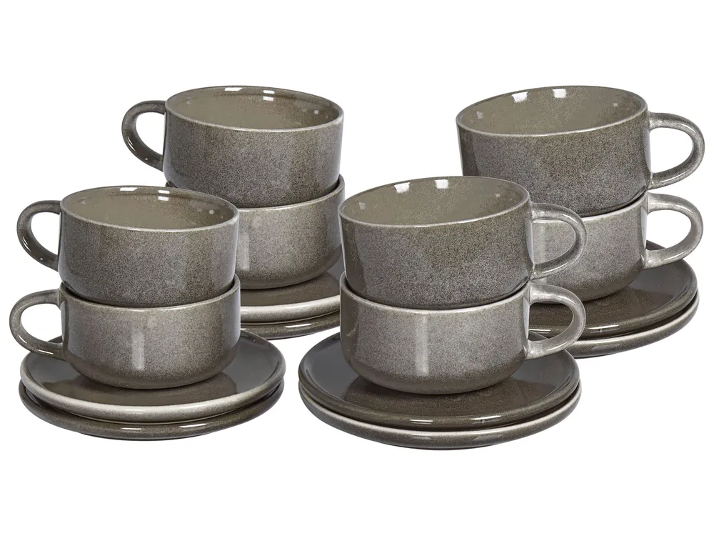 Set of 8 Cups with Saucers COSTMARY Stoneware Grey