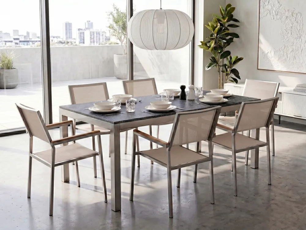Garden Dining Set 6 Seater GROSSETO Granite Polished Grey/ Beige_1105612