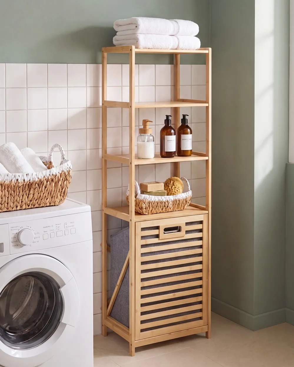 Tilt-Out Laundry Cabinet SAJAMA 40 cm with Shelves Bamboo Light Brown/ Grey
