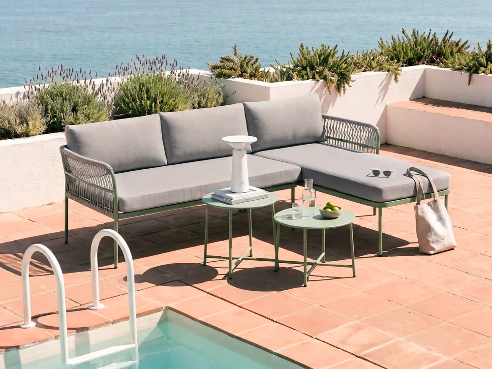 Garden Corner Sofa 3 Seater ONZO with Tables Metal Green Left Hand
