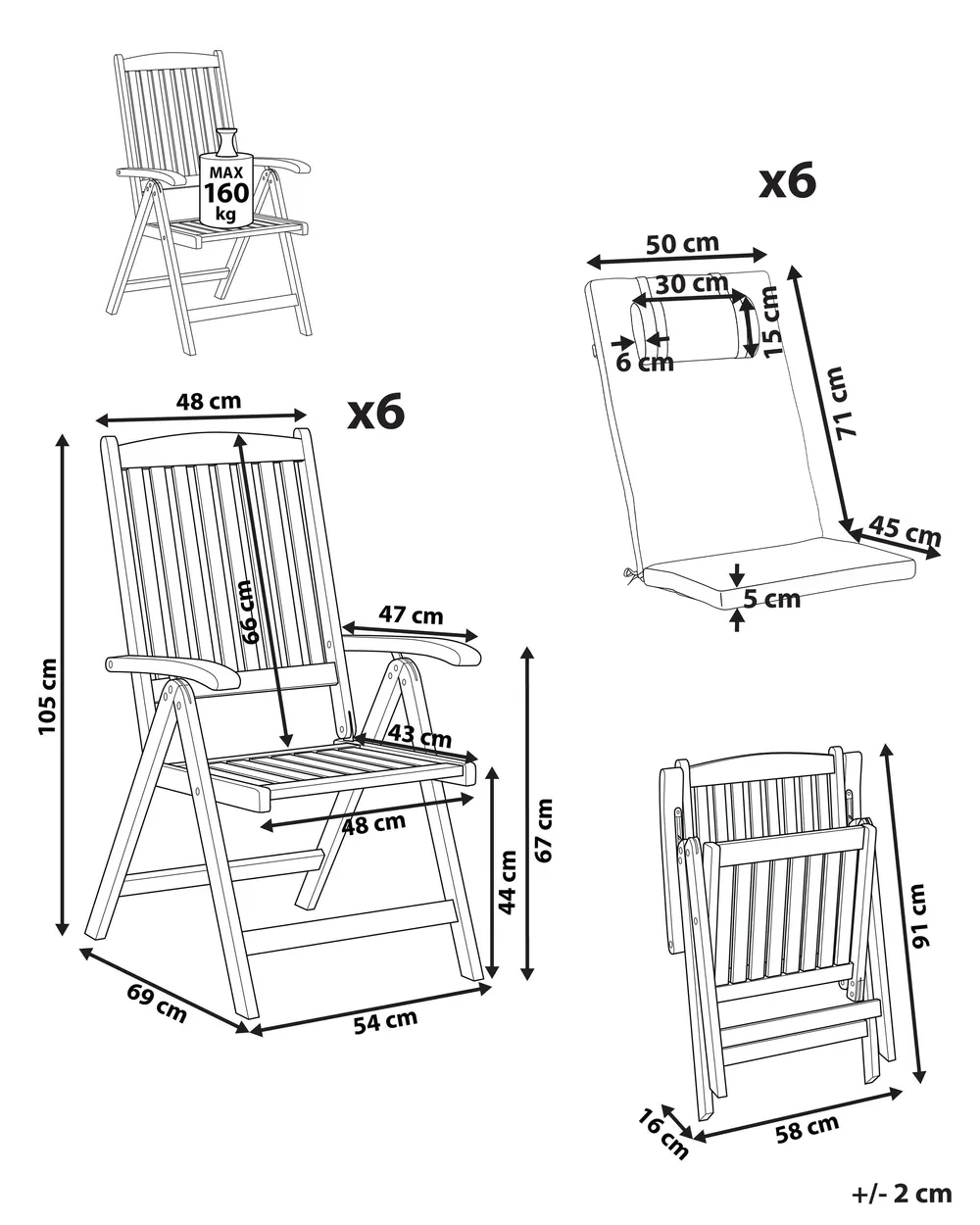 Puutarhatuolisetti pehmusteilla 6 kpl AMANTEA PREMIUM Akaasia Luonnonvalkoinen_1066369