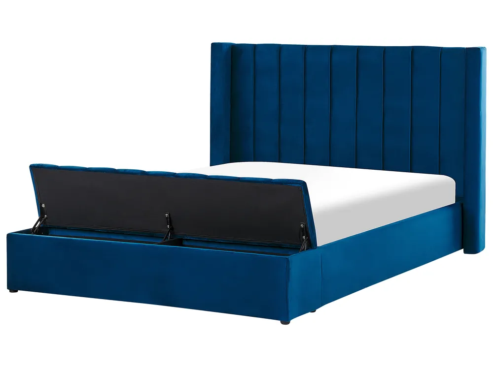 Bed with Storage Bench NOYERS Velvet Navy Blue 160 x 200 cm (EU King Size)