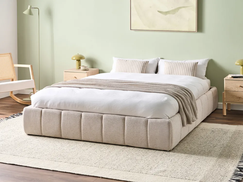 Ottoman Bed without Headboard GENAS Fabric Light Beige 160 x 200 cm (EU King Size)