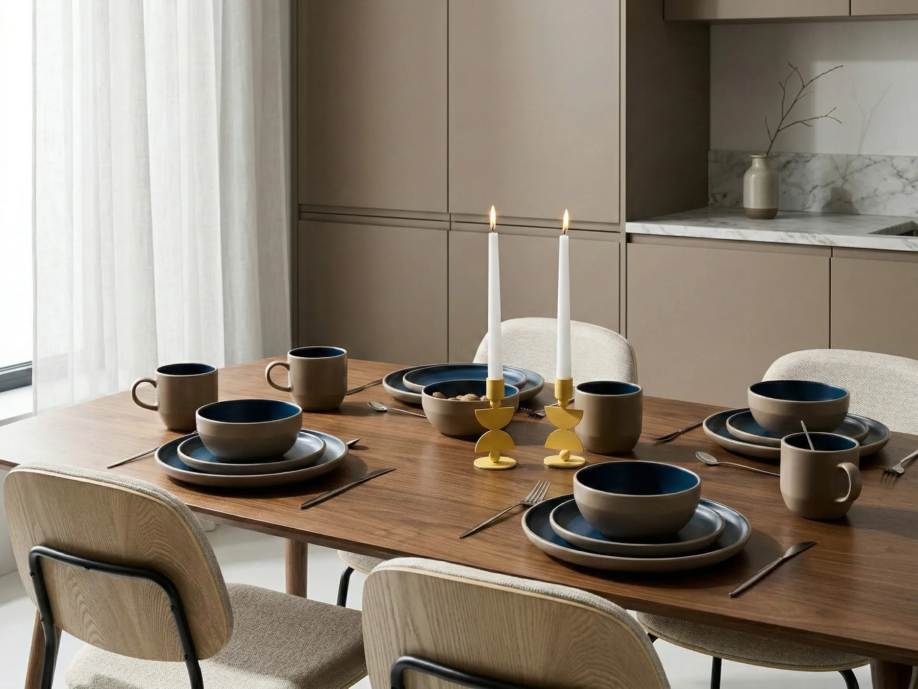 Set of 16 Dinnerware NUTMEG Stoneware Beige/ Blue_1049554