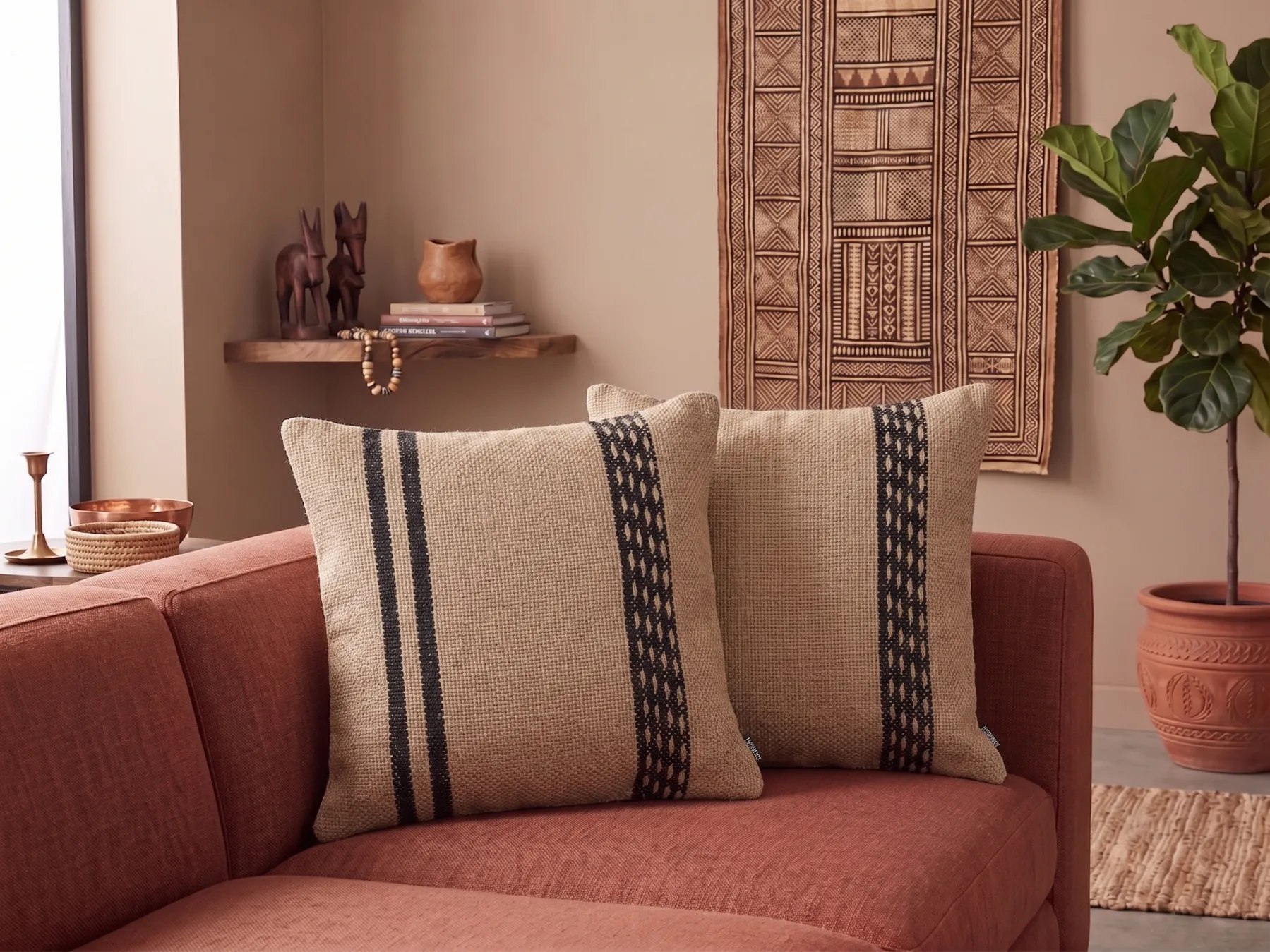 Set of 2 Decorative Cushions DESALIX 45 x 45 cm Jute Beige Striped_887845