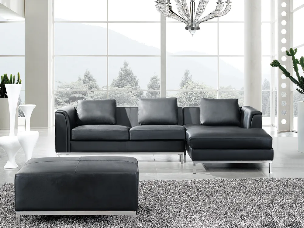 Corner Sofa 4 Seater OSLO with Ottoman Leather Black Left Hand