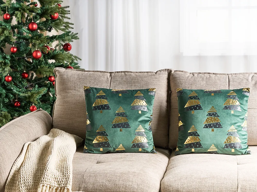 Set of 2 Decorative Cushions GOLDSPRUCE 45 x 45 cm Velvet Green Christmas Motif_1187970
