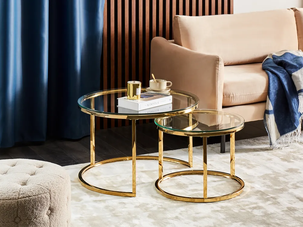 Set of 2 Coffee Tables GRANGE Tempered Glass Gold