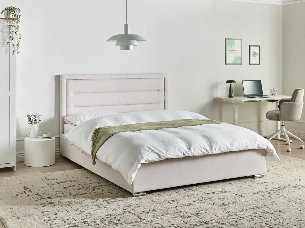 Ottoman Bed ROUEN Fabric Light Beige 160 x 200 cm (EU King Size)