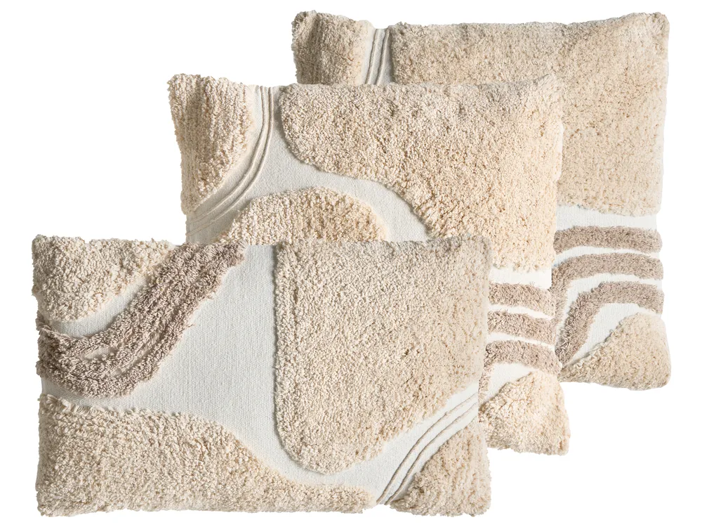 Set of 3 Decorative Cushions ALSTONIA 30 x 50 cm 45 x 45 cm Cotton Beige Abstract Pattern