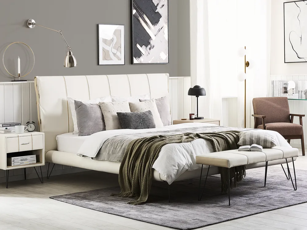 Bed Faux Leather BETIN 160 x 200 cm (EU King Size) Light Beige