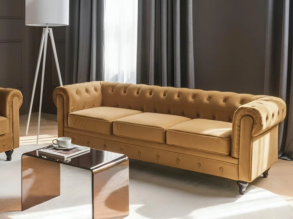 Soffa 3-sits CHESTERFIELD Sammet Guld