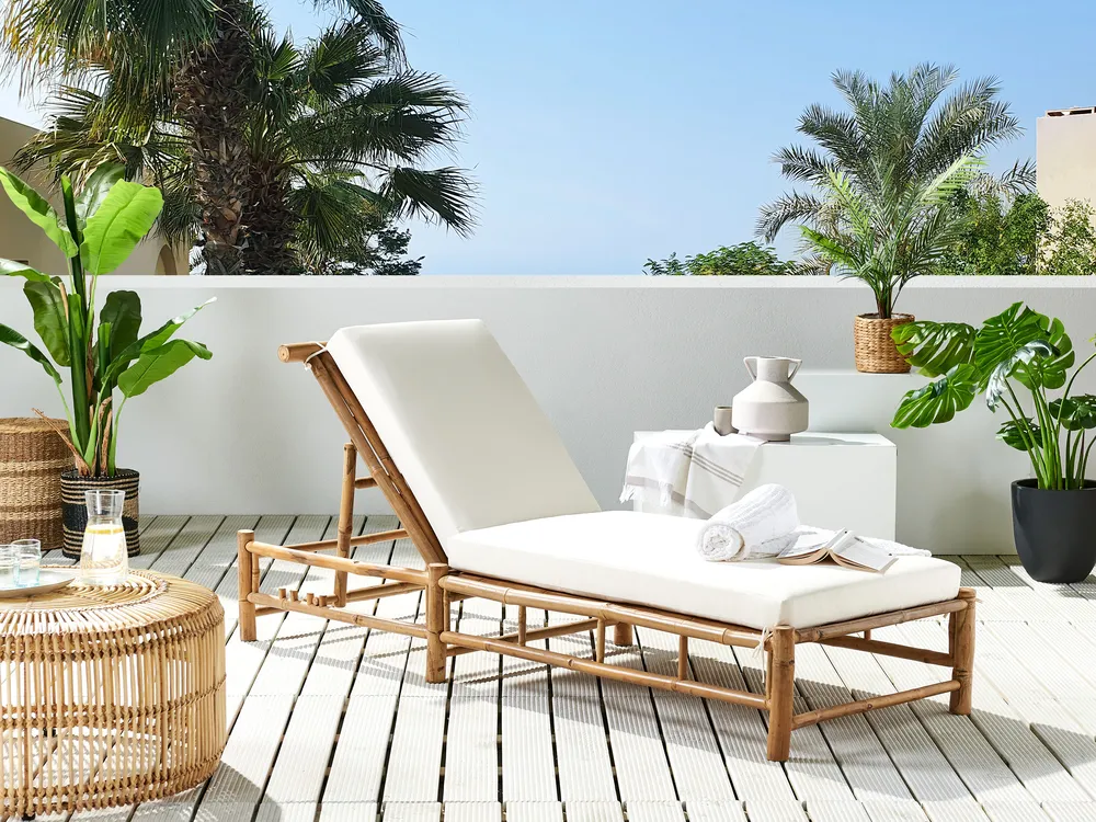 Sun Lounger with Cushion LIGURE Reclining Bamboo Brown