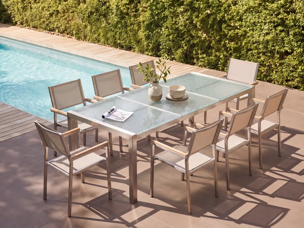Trädgårdsmatgrupp 8-sits GROSSETO Krackelerat glas Transparent/ Beige_768740
