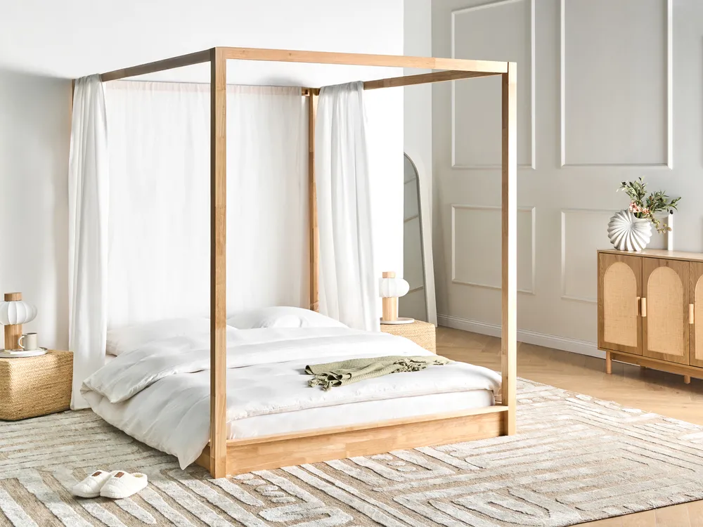 Wooden Canopy Bed Light Brown HERLIERE Various Sizes
