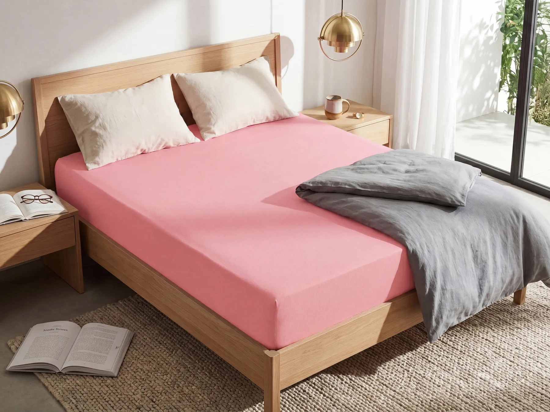 Fitted Sheet JANBU 200 x 200 cm Cotton Coral_845413