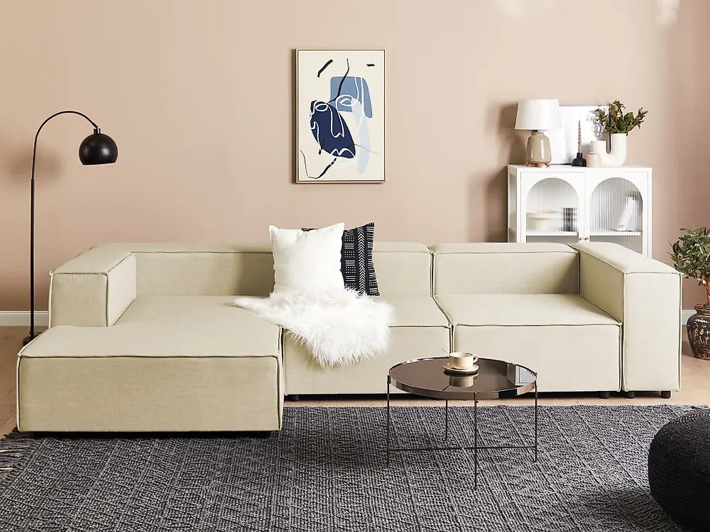 Modular Corner Sofa APRICA Faux Linen Beige Right Hand_1174060