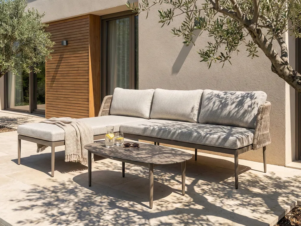 Garden Corner Sofa with Table 3 Seater LEFFE Metal Beige Right Hand