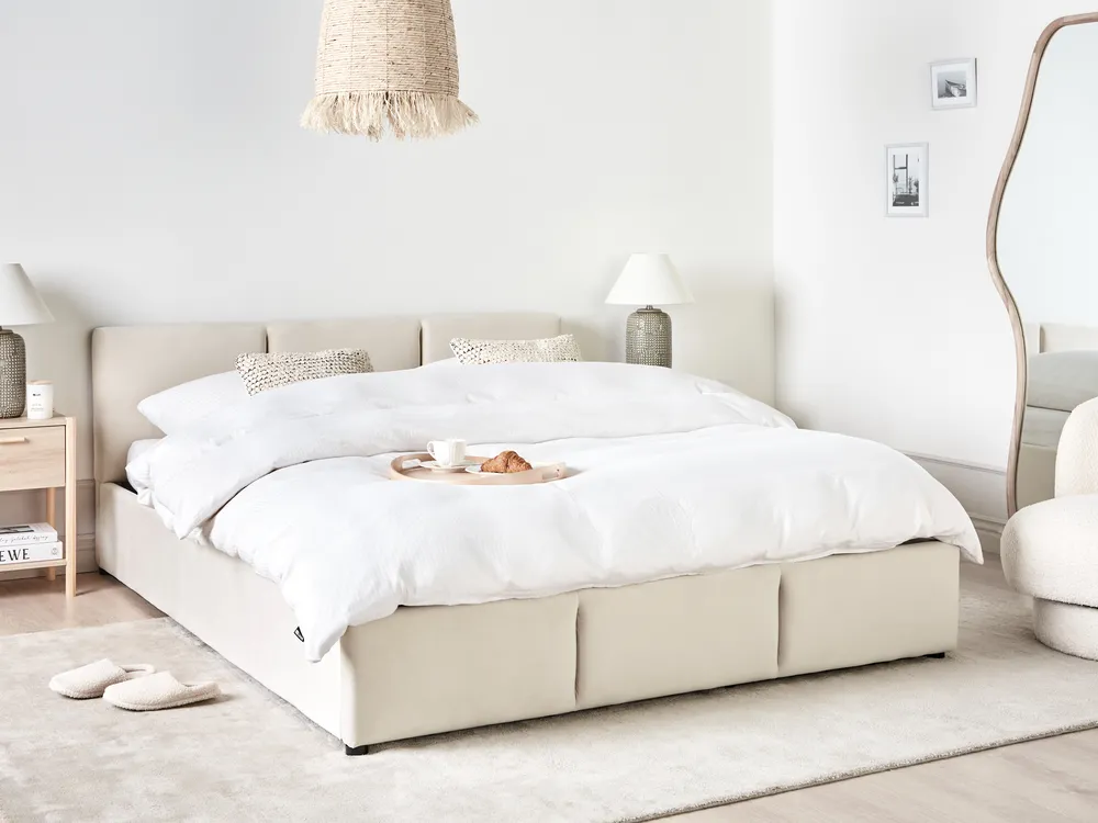 Velvet Ottoman Bed Light Beige BOUSSE Various Sizes