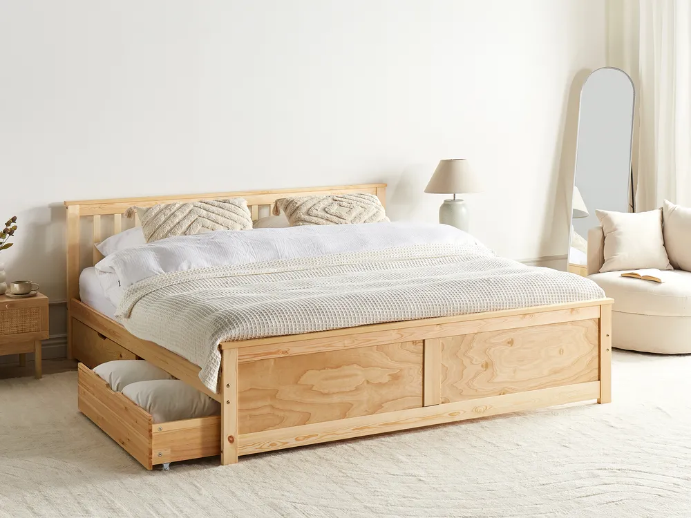Wooden Bed with 4 Drawers Light Wood OLENDON Various Sizes