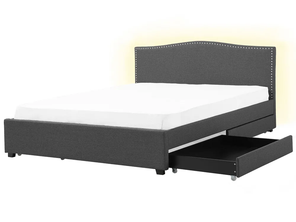 Bed with Storage Drawers MONTPELLIER Fabric Dark Grey 180 x 200 cm (EU Super King) LED