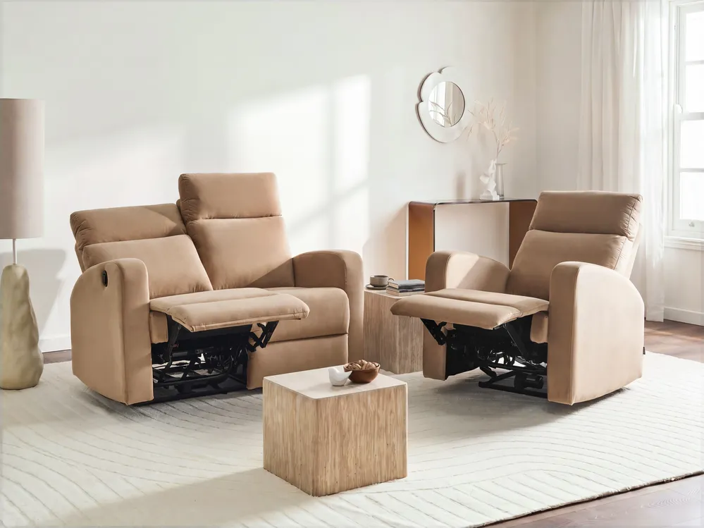 Electric Recliner Living Room Set 3 Seater VERDAL Velvet Light Brown_1081393