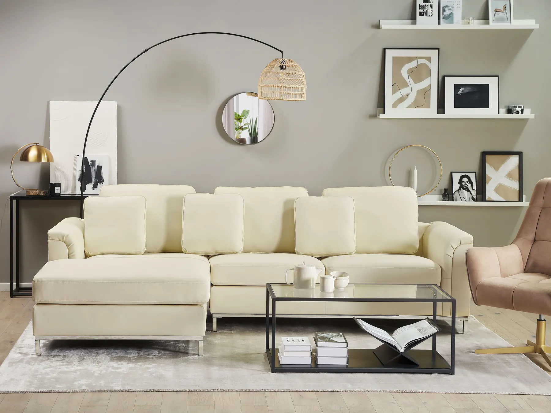 Hörnsoffa 4-sits OSLO Läder Ljusbeige Högervänd_693516