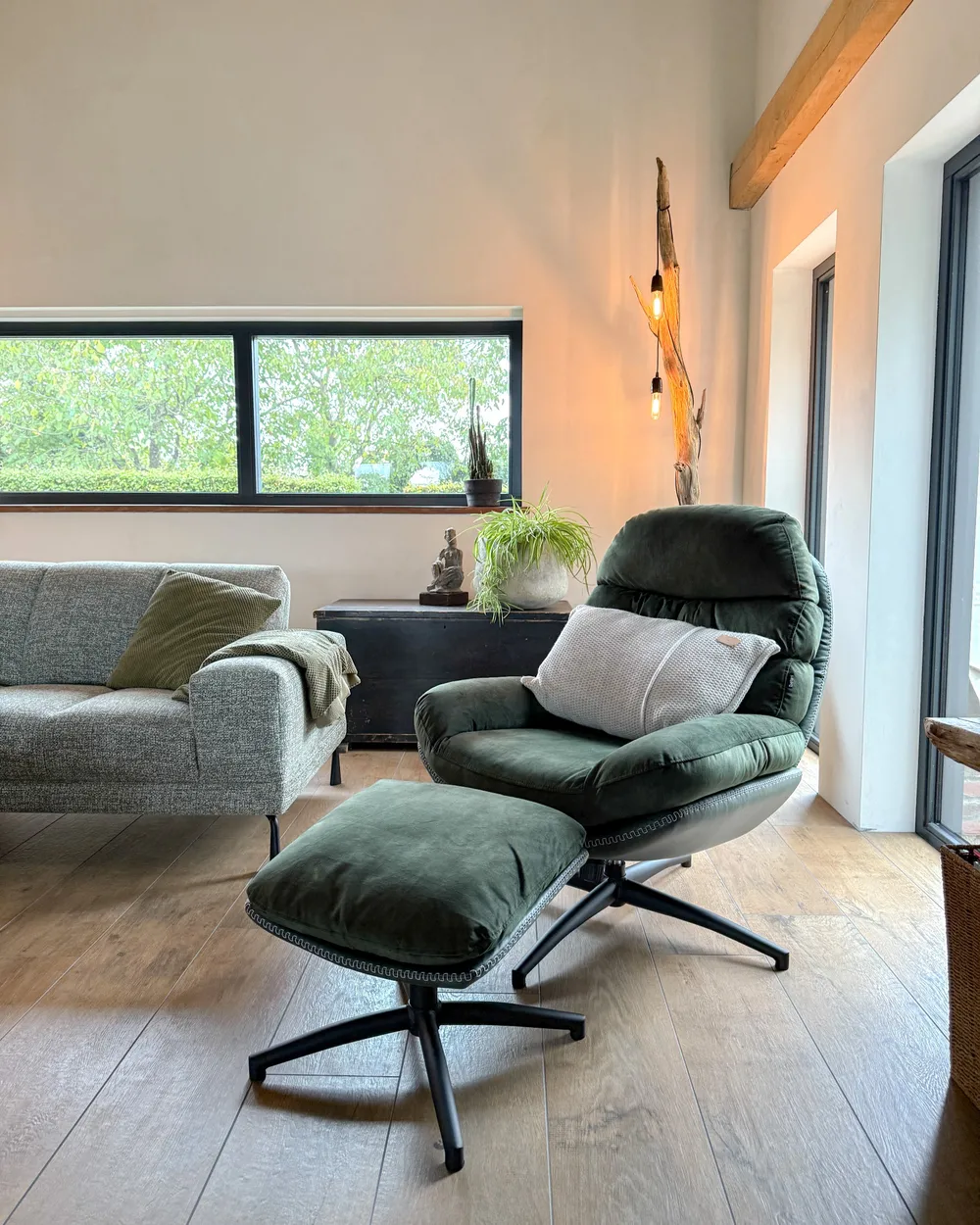 Swivel Armchair EIDE with Footstool Velvet Dark Green_1027332