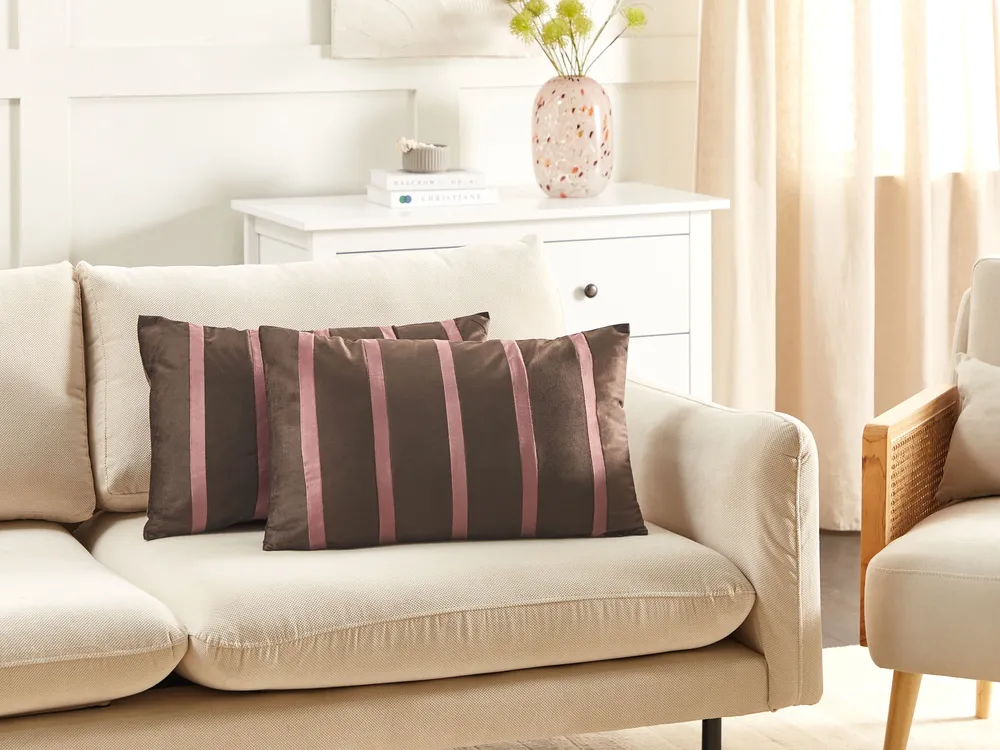 Set of 2 Decorative Cushions CRODYLINE 35 x 60 cm Velvet Brown Striped