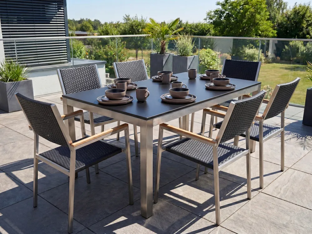 Garden Dining Set 6 Seater GROSSETO Tempered Glass Black