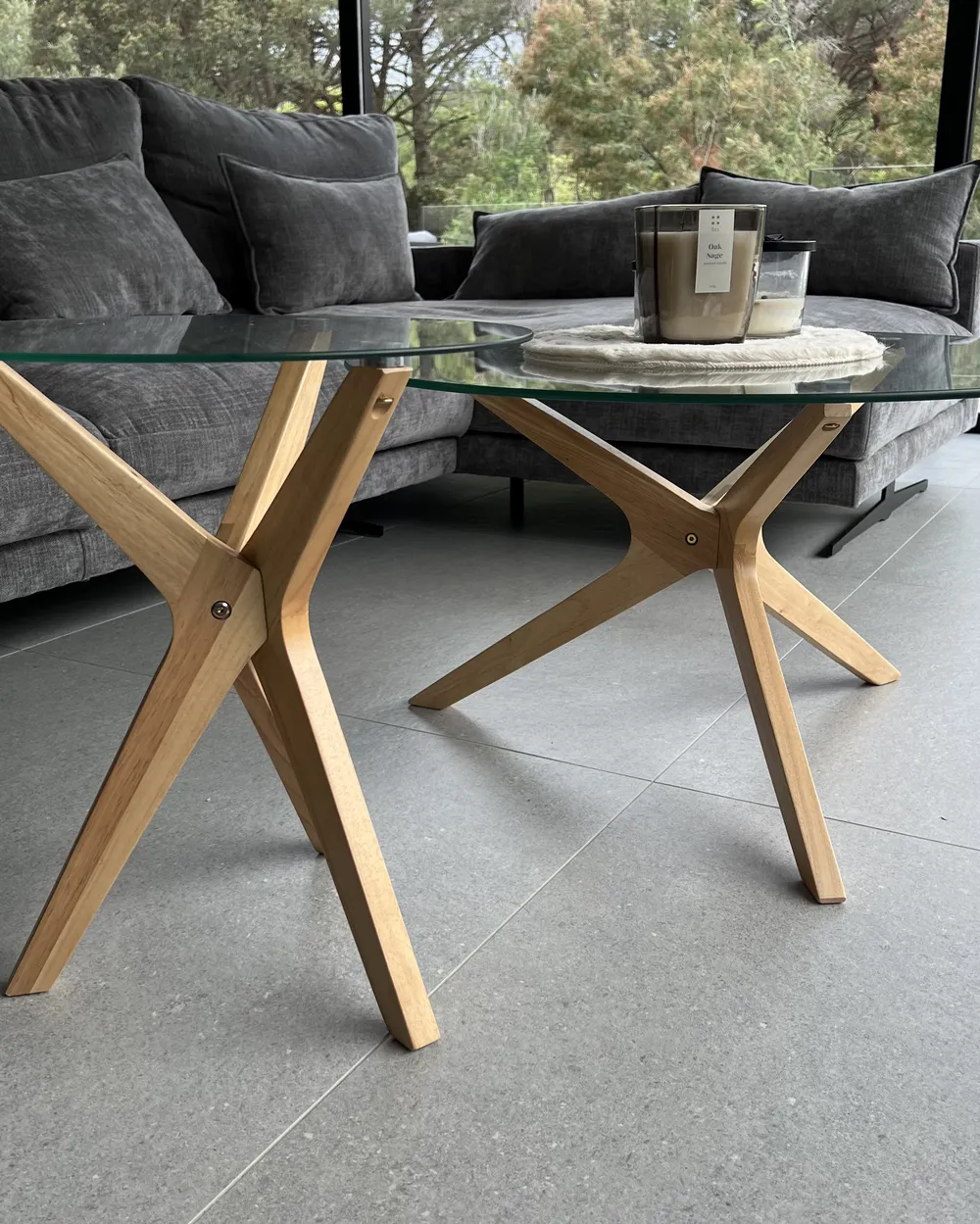 Set of 2 Coffee Tables VALLEY Tempered Glass Light Brown_921476