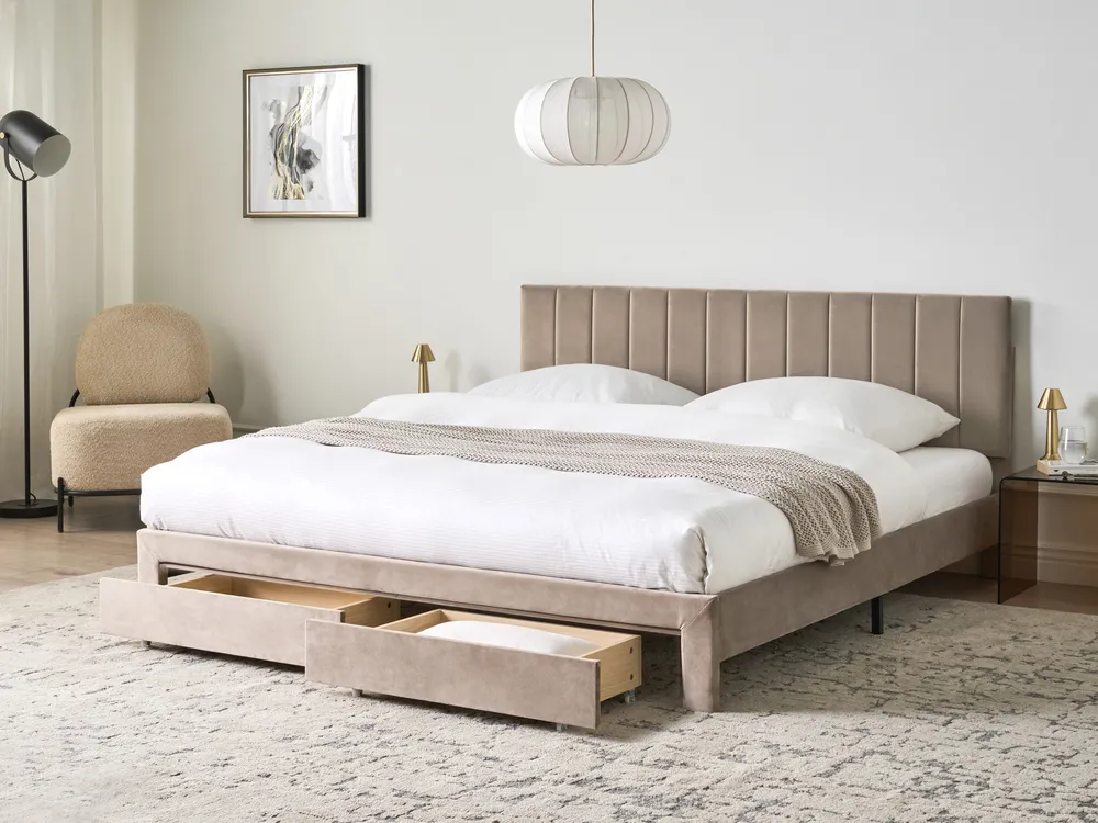Bed with Storage Drawers LONZAC Velvet Taupe 180 x 200 cm (EU Super King)