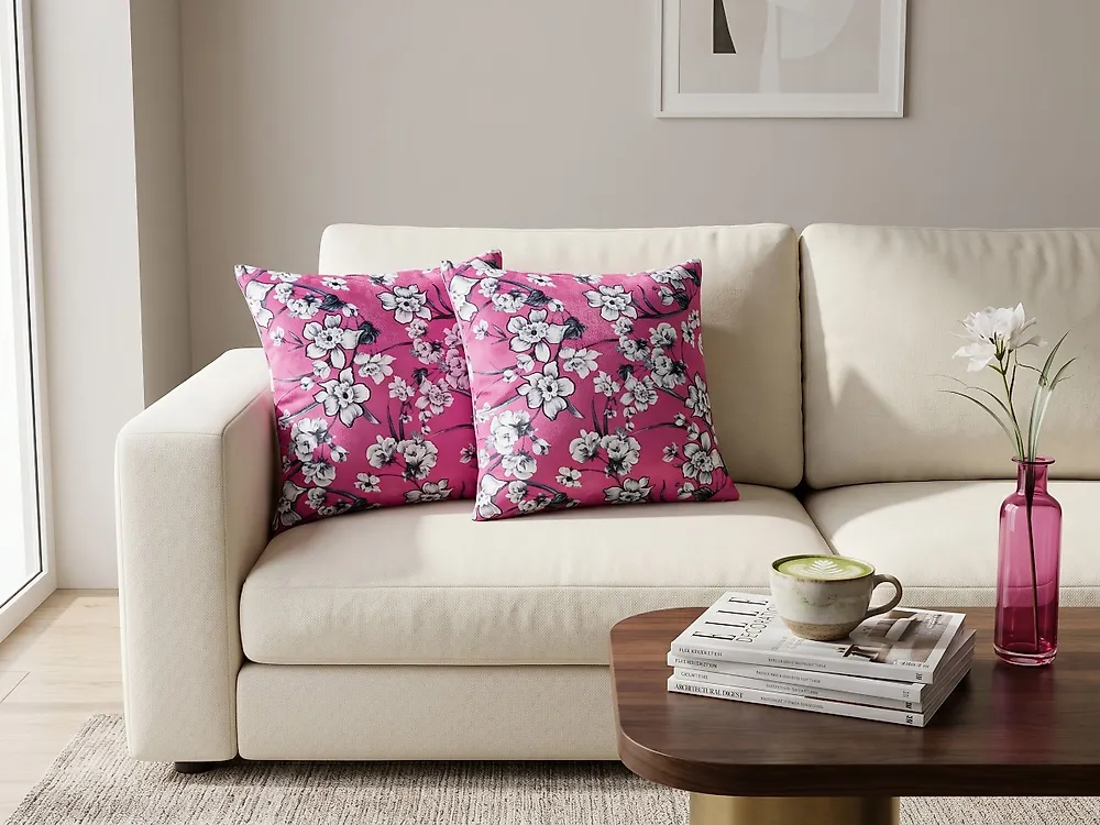 Set med 2 prydnadskuddar KOELERIA 45 x 45 cm Sammet Fuchsia Blommigt tryck_1178863