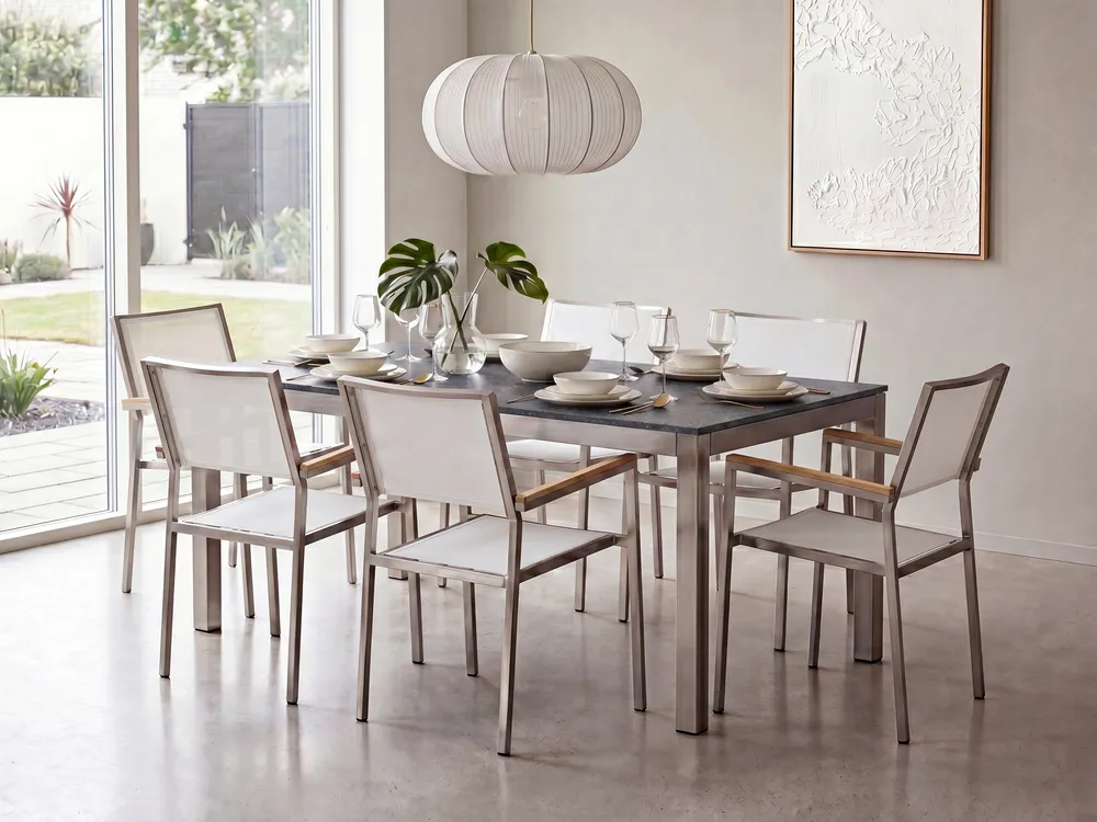 Garden Dining Set 6 Seater GROSSETO Granite Polished Grey/ White_1105594