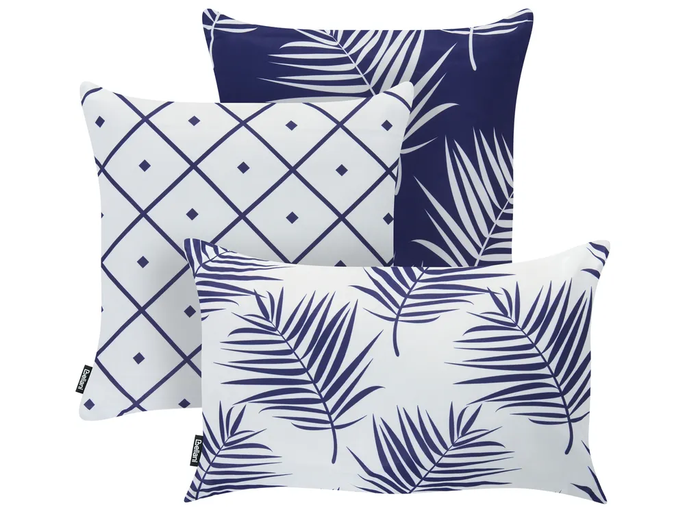 Set of 3 Outdoor Cushions BIRDWOOD Plant Pattern 30 x 50 cm 45 x 45 cm Navy Blue