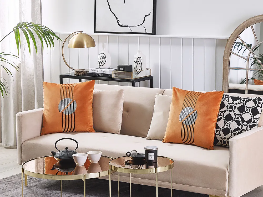 Set of 2 Decorative Cushions CEROPEGIA 45 x 45 cm Velvet Orange Geometric Pattern