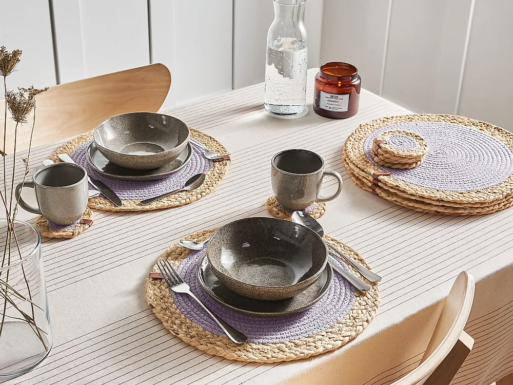 12 Piece Placemats and Coasters Set ROSELLA Jute Cotton Grey_1183593