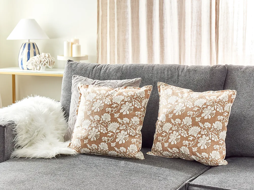 Koristetyynysetti 2 kpl NOTELEA 45 x 45 cm Puuvilla Beige Kukkakuvio_1187078