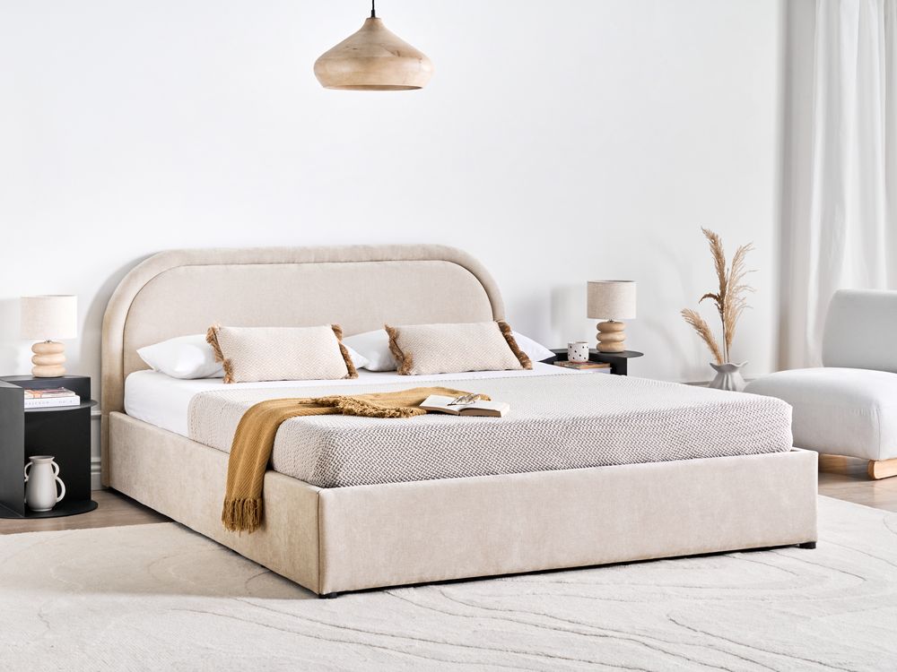 Ottoman Bed QUILLIEN Chenille Light Beige 160 x 200 cm (EU King Size)