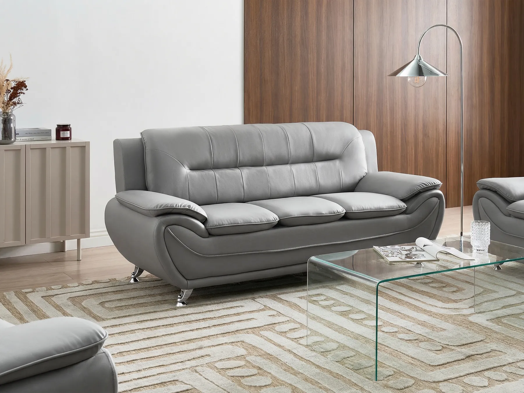 Sofa 3 Seater LEIRA Faux Leather Grey_1058652