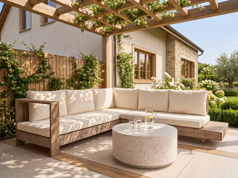Garden Corner Sofa 5 Seater MARETTIMO Certified Acacia Wood Off-White Right Hand