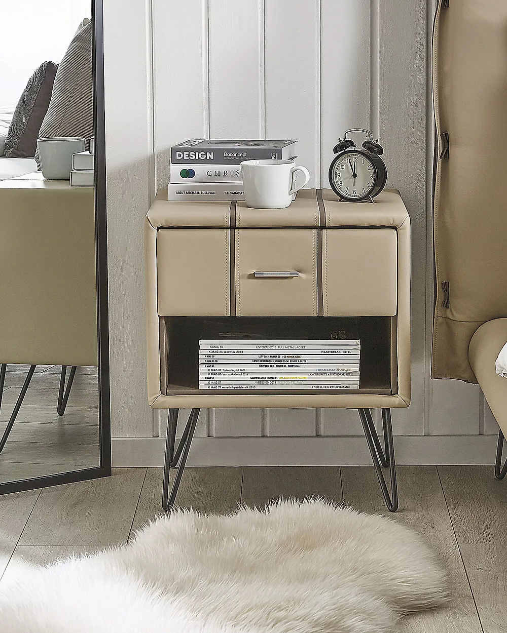 1 Drawer Bedside Table BETIN Faux Leather Beige_1183052