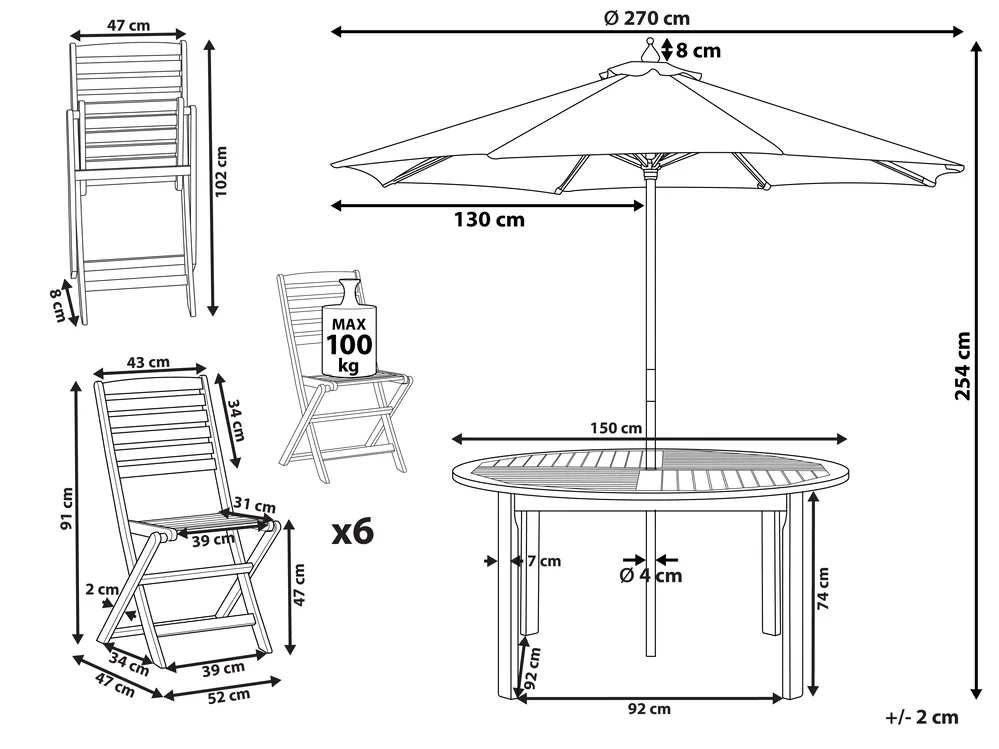 Garden Dining Set 6 Seater TOLVE with Parasol (12 Options) Acacia Wood Brown_863828