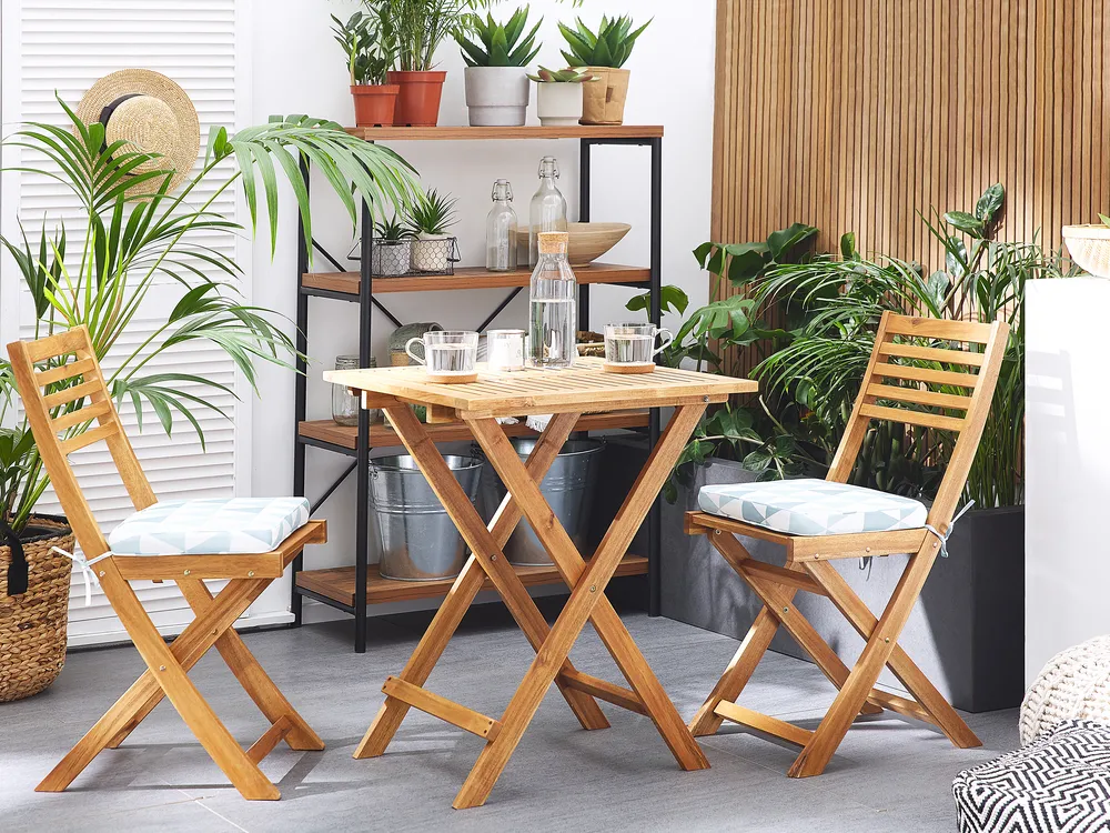 Bistro Set with Cushions Folding FIJI Acacia Wood Blue